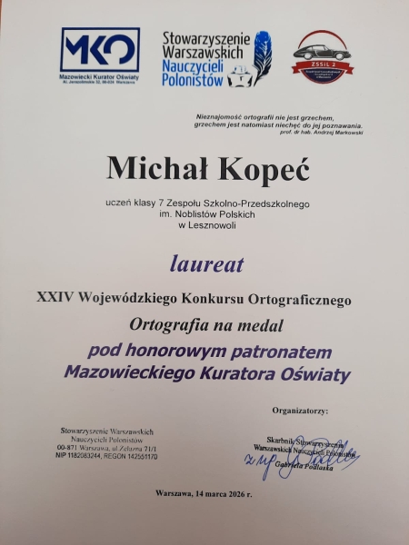 Michał Kopeć, laureatem XXIV Wojewódzkiego Konkursu Ortograficznego 